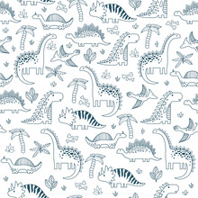 Background With Dinosaurs. Adorable Seamless Pattern With Funny Dinosaurs In Cartoon.