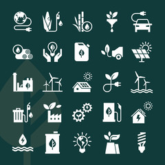 Wall Mural - Set of eco vector icons in flat style isolated on dark background. Eco collection with various icons on the theme of ecology and green energy. Isolated, editable and scalable icons.