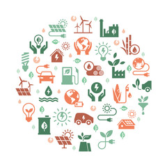Wall Mural - circular concept set of vector green power symbol made with the wind, solar, water and biomass icons