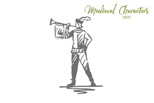 Trumpeter, Medieval, Trumpet, Message, Ancient Concept. Hand Drawn Isolated Vector.