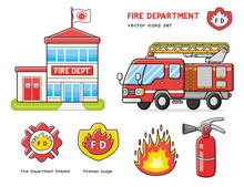 Fire Truck Isolated, Department Station Building Icon, Extinguisher And Flame, Fireman Badge Emblem, Firefighter Cross Logo.