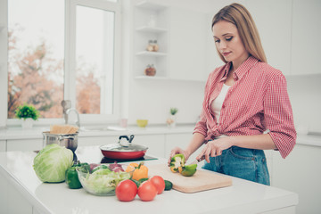 Close up photo beautiful she her lady breakfast cooking process housewife wait husband back prepare delicious dish meal wear domestic home apparel shirt jeans denim outfit bright home kitchen indoors