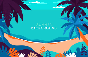Wall Mural - Vector illustration - beach landscape - plants, leaves, palm trees and ocean - background with copy space for text for banner