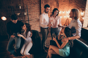 Wall Mural - Close up photo say tell speak toast event company hang out six person three couples she her ladies he him his guys wineglasses golden beverage wear dresses shirts formalwear sit sofa loft room indoors