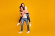 © deagreez - Full length body size view portrait of his he her she two nice attractive cheerful optimistic tender people wife husband having fun time isolated over vivid shine bright yellow background