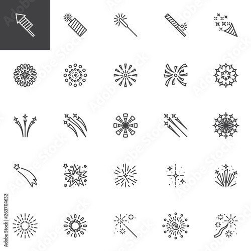 fireworks rockets line icons set linear style symbols collection outline signs pack vector graphics set includes icons as firework explosion bursting stars salute petard firecracker popper buy this stock vector and fireworks rockets line icons set