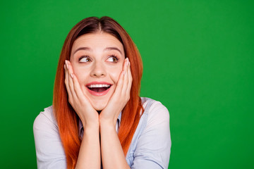 Wall Mural - Close up photo beautiful amazing funny funky crazy she her foxy lady arms hands cheeks cheekbones achievement look empty space wear casual jeans denim shirt isolated green bright background