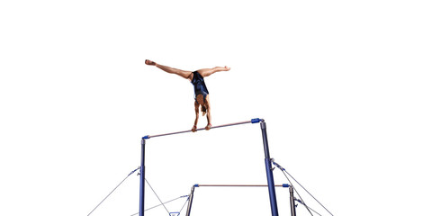 Wall Mural - Female athlete doing a complicated exciting trick on horizontal gymnastics bars on white background. Isolated Girl perform stunt in bright sports clothes