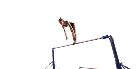 Wall Mural - Female athlete doing a complicated exciting trick on horizontal gymnastics bars on white background. Isolated Girl perform stunt in bright sports clothes