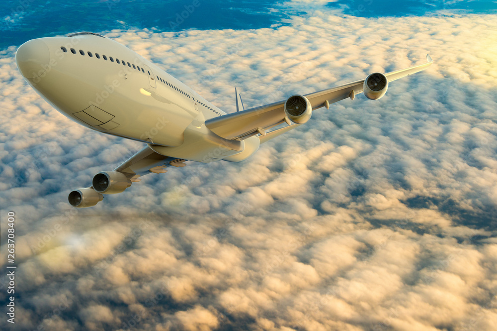 3D rendering of a commercial airplane on flight over the clouds - obrazy, fototapety, plakaty 