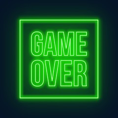 Neon game over green sign on dark background. Vector illustration