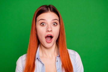 Wall Mural - Close up photo of astonished lady youth impressed incredible information rumor gossip secret scream shout open mouth long straight-haired wear modern outfit clothes isolated on vivid background