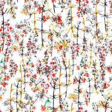Watercolor Seamless Pattern With Wild Plants, Flowers, Grass. Vintage Elements - Grass And Plant Flowers. Abstract Paint Splash. Wild Grass, Juniper, Horsetail, Branch, Leaf, Stem, Branch