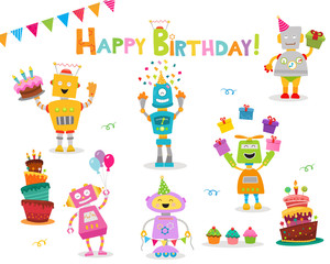 Wall Mural - Cute Birthday Robot Character Set 