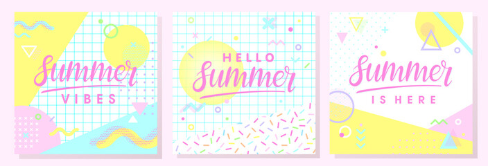 Set of artistic summer cards with bright background,pattern and geometric elements in memphis style.Abstract design templates perfect for prints,flyers,banners,invitations,covers,social media and more