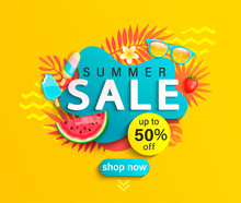 Summer Sale Banner, Hot Season Discount Poster With Tropical Leaves,ice Cream,watermelon, Strawberries,sunglasses.Invitation For Shopping With 50 Percent Off. Special Offer Card, Template For Design.