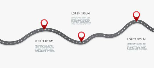 Infographic design template with place for your text. Asphalt road with three pin on it. Vector illustration.