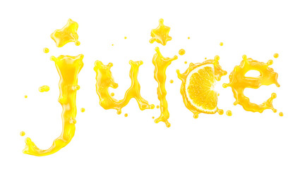 Juice splash with droplets and orange slice in the form of word 