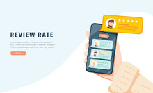 Vector Of An Online Application On Mobile Phone To Rate And Review Customer Service, Product Or Experience. App Reviews