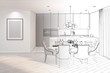 © gamespirit - 3d illustration. Sketch of modern dining room turns into a real interior