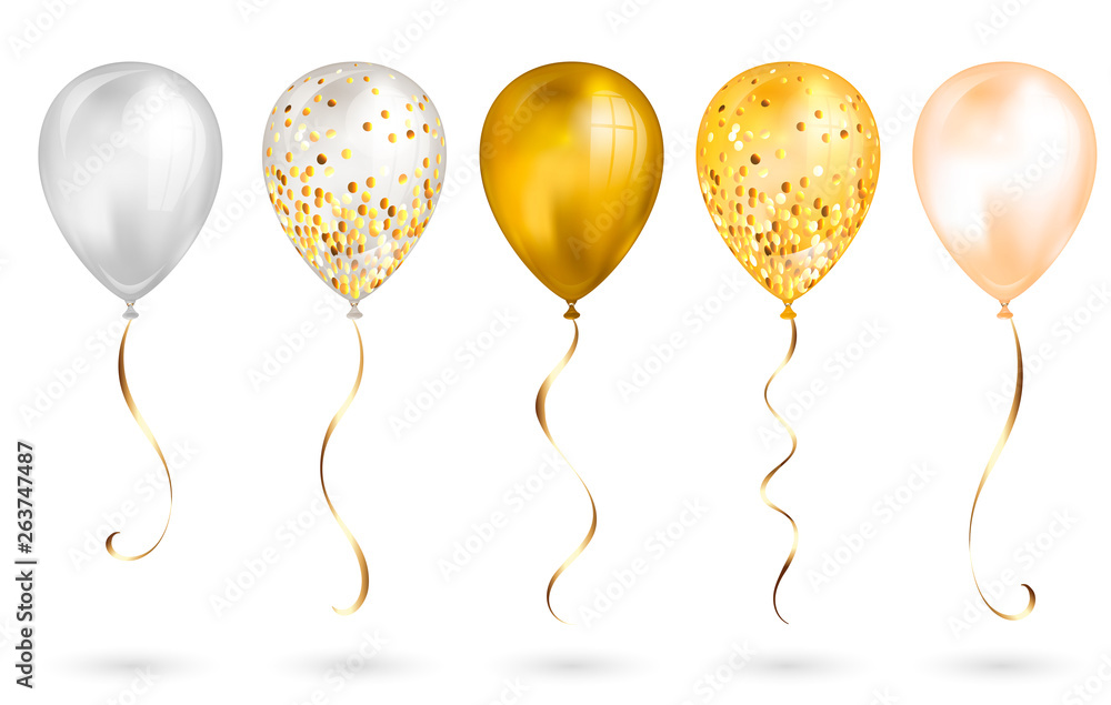 Set of 5 shiny gold realistic 3D helium balloons for your design. Glossy balloons with glitter and gold ribbon, perfect decoration for birthday party brochures, invitation card or baby shower - obrazy, fototapety, plakaty 