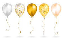 Set Of 5 Shiny Gold Realistic 3D Helium Balloons For Your Design. Glossy Balloons With Glitter And Gold Ribbon, Perfect Decoration For Birthday Party Brochures, Invitation Card Or Baby Shower
