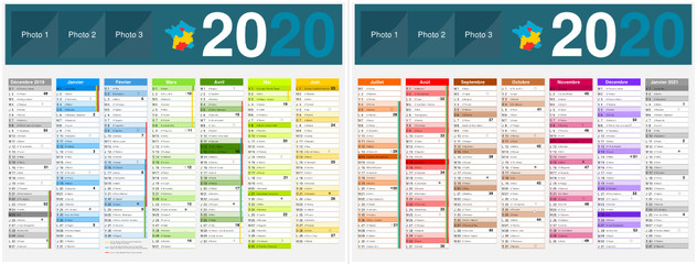 Calendrier 2020 14 mois avec vacances scolaires officielles au format 320 x 420 mm recto verso entièrement modifiable via calques et texte arial