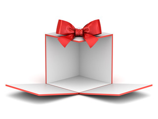 Aufkleber - Blank display gift box backdrop unfold for your product or present box showcase with red ribbon bow opening isolated on white background with shadow 3D rendering