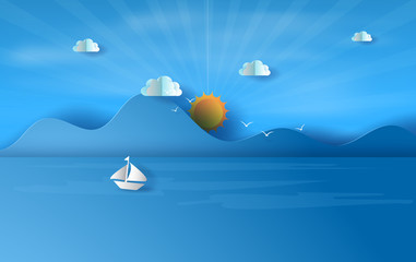 Wall Mural - 3d illustration art summer sea view with sunset,summer time season concept,boat floating in the sea 