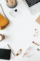 Wall Mural - Round frame blank copy space mockup. Feminine modern styled home office desk workspace with laptop, accessories on white background. Flat lay, top view. Fashion beauty blog minimal hero header.