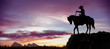 Silhouette of a cowboy on horseback observing the sunset from a rock overlooking the woods.