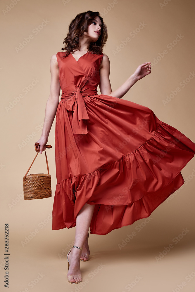 Pretty beautiful sexy elegance woman skin tan body fashion model glamor pose wear trend dress casual clothes party summer collection makeup hair style brunette success accessory jewelry studio. - obrazy, fototapety, plakaty 