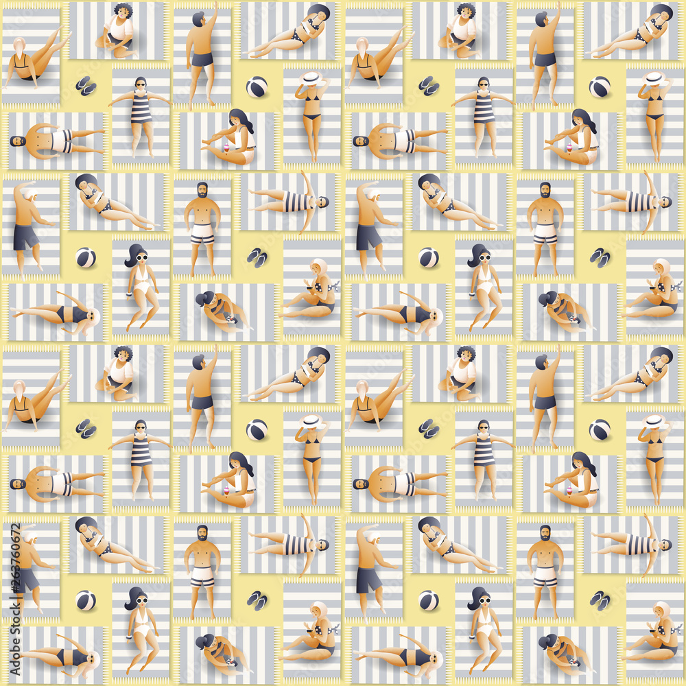 Seamless pattern with people on the beach. Flat vector illustration ...