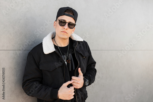 Handsome Young Men Hipster In A Stylish Black Jacket In A