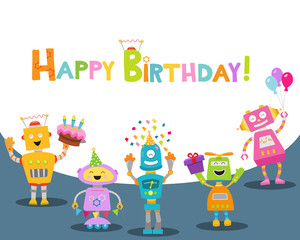 Wall Mural - Cute Birthday Card With Robots