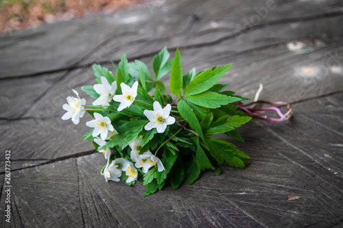 Fototapeta na drzwi i meble Bouquet of wild white flowers on rustic wooden table in a forest