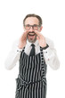 © be free - Hiring staff. Bearded man barista shouting at you. Barista in apron informing. Coffee shop concept. Mature guy coworkers wanted. Experienced barista looking for colleagues. Join our cafe team