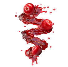 Fresh Cranberries Juice Splash Swirl With Cranberries And Droplets. Red Berries Juice Splashing - Healthy Cranberry Juice In Spiral Form Isolated. Liquid Design Element. Clipping Path. 3D Render