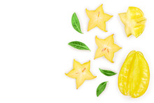 Carambola Or Star-fruit Isolated On White Background With Copy Space For Your Text. Top View. Flat Lay
