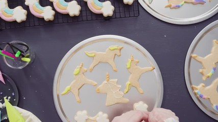 Canvas Print - Flat lay. Step by step. Decorating unicorn sugar cookies with royal icing.