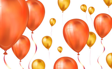 Glossy orange color Flying helium Balloons backdrop with blur effect. Wedding, Birthday and Anniversary Background. Vector illustration for invitation card, party brochure, banner