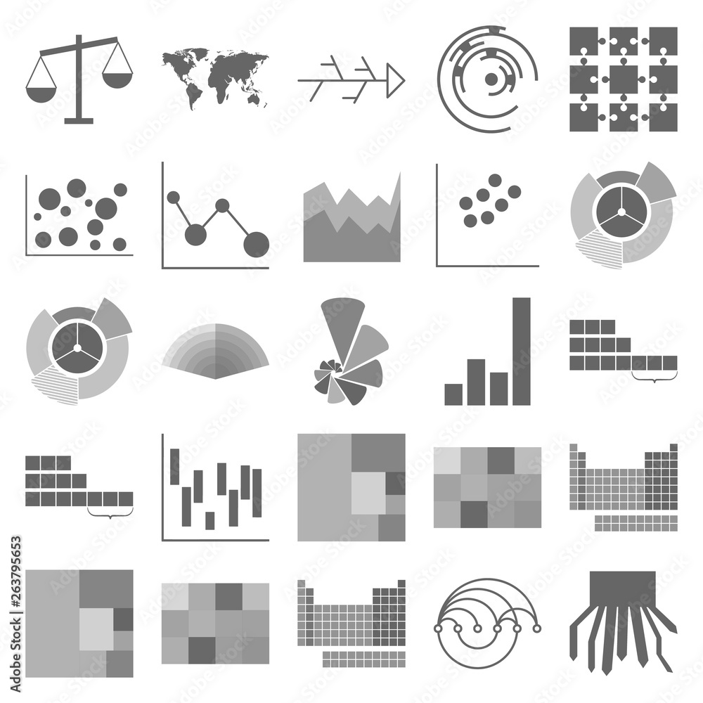 The charts set of icons - sankey diagram, tape digram, tree map ...