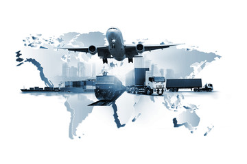 The world logistics , there are world map with logistic network distribution on background and Logistics Industrial Container Cargo freight ship for Concept of fast or instant shipping