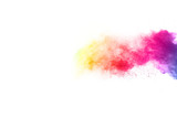 Fototapeta Tęcza - abstract powder splatted background. Colorful powder explosion on white background. Colored cloud. Colorful dust explode. Paint Holi.