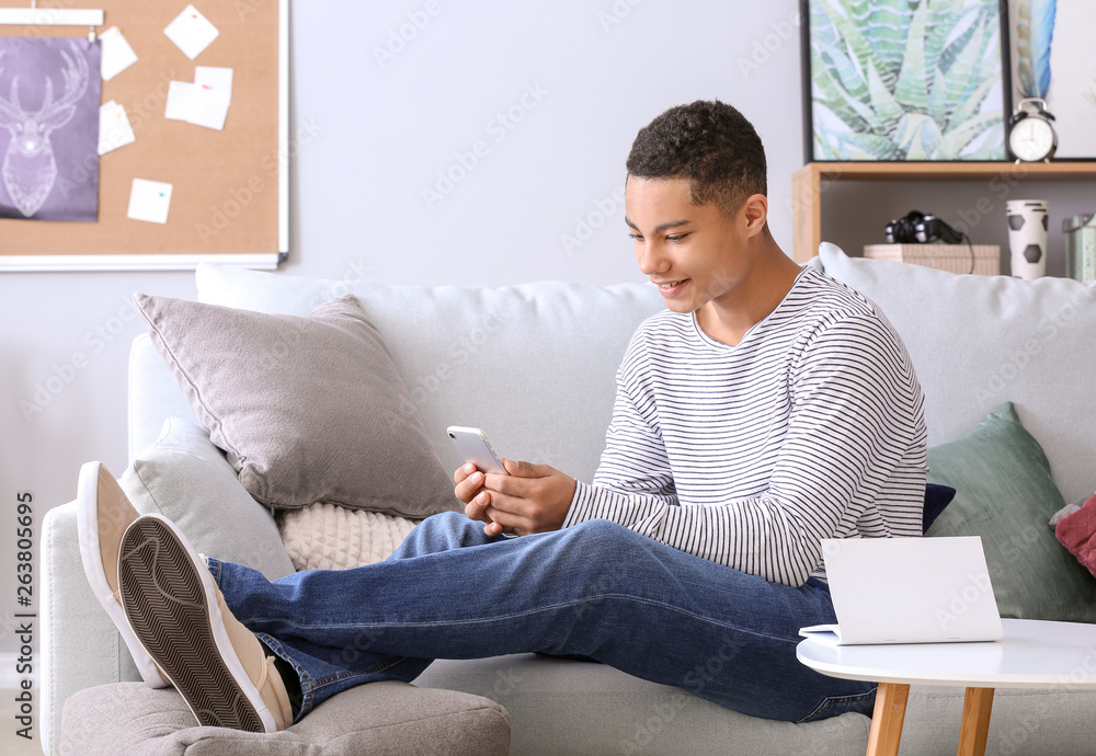 African-American teenage boy using mobile phone at home