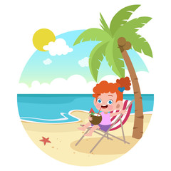 Wall Mural - kid girl playing on the beach vector illustration