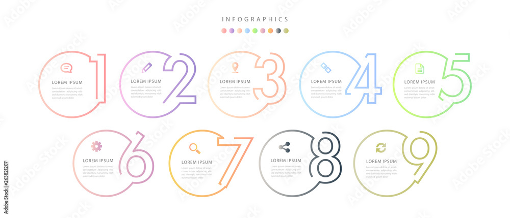 Vector infographic design UI template colorful gradient 9 number labels and icons - obrazy, fototapety, plakaty 