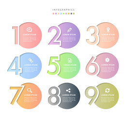 Wall Mural - vector infographic design ui template colorful gradient 9 relief number labels and icons