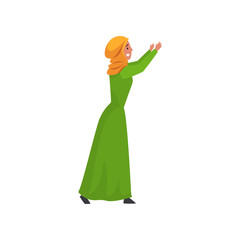 Sticker - Beautiful Muslim Woman in Green Dress and Hijab, Arab Girl in Traditional Clothes Standing with Her Arms Raised Vector Illustration