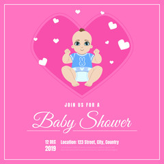 Wall Mural - Baby Shower Invitation Template, Pink Card with Cute Baby in Diaper and Place For Your Text Vector Illustration